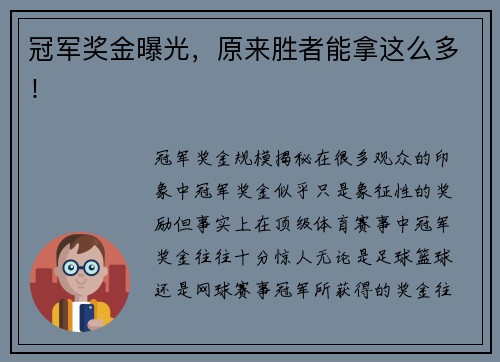 冠军奖金曝光，原来胜者能拿这么多！